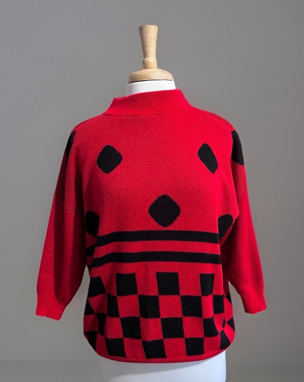MARLENE Sweater Womens L 80s Red Black Polka Dot Checker Funky Abstract USA